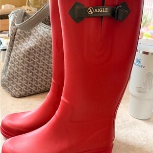 Aigle Women's Red Tall Rain Boots with Side Buckle